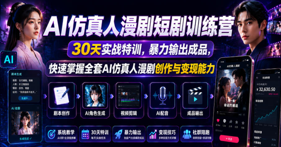 AI仿真人漫剧短剧训练营,30天实战特训,暴力输出成品,快速掌握全套AI仿真人漫剧创作与变现能力-轻创星球网